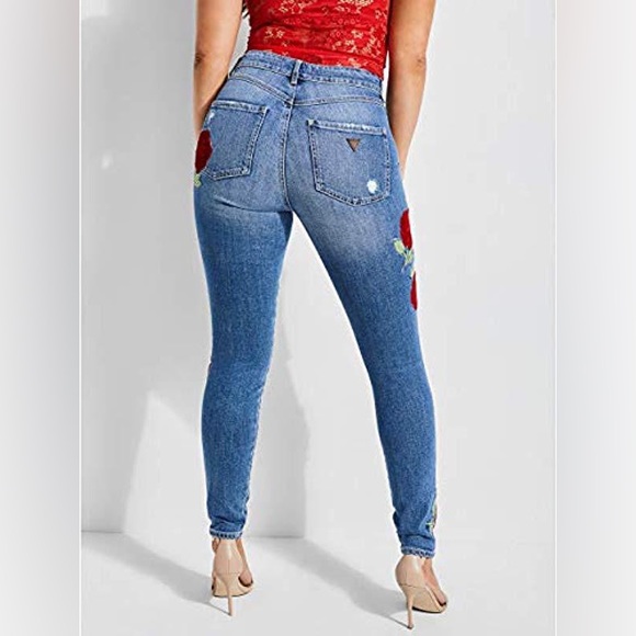 Guess Los Angles 1981 Skinny Red Velvet Roses Embroidered Blue Ripped Jeans - Picture 3 of 3